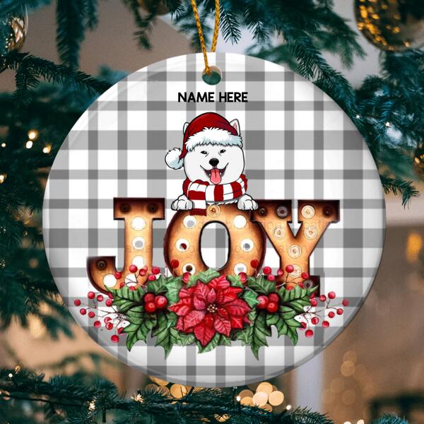 Personalised Joy Gray Plaid Background Circle Ceramic Ornament - Personalized Dog Lovers Decorative Christmas Ornament