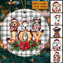 Personalised Joy Gray Plaid Background Circle Ceramic Ornament - Personalized Dog Lovers Decorative Christmas Ornament