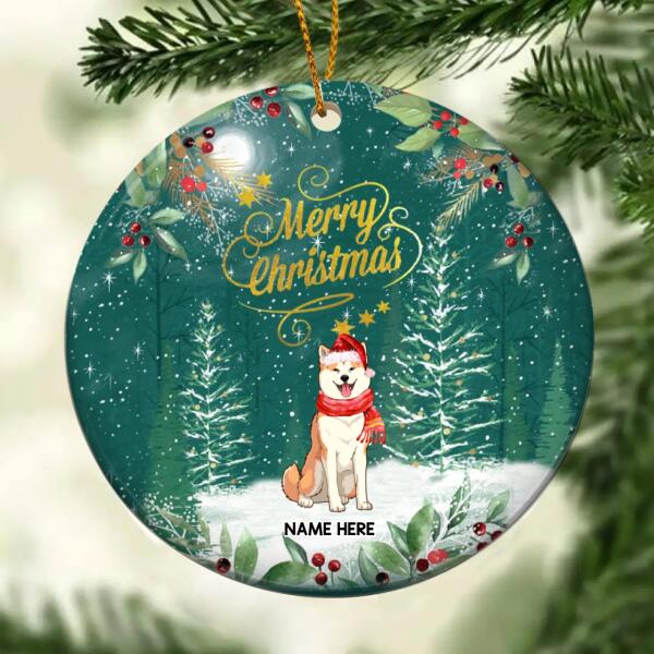 Merry Christmas Pine Green Sky With Snow Circle Ceramic Ornament - Personalized Dog Lovers Decorative Christmas Ornament