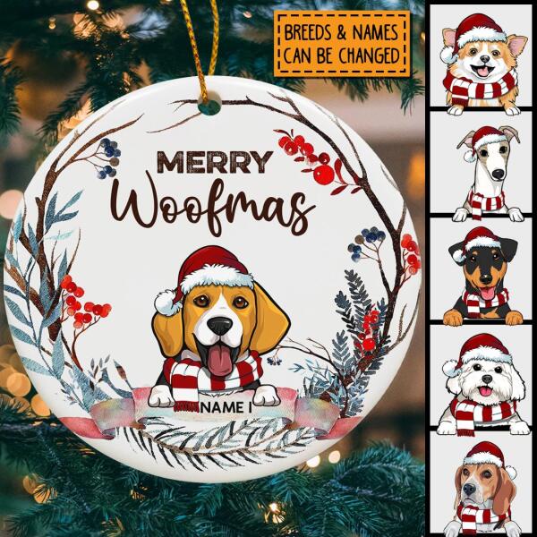 Merry Woofmas Watercolor Banner White Circle Ceramic Ornament - Personalized Cat Lovers Decorative Christmas Ornament