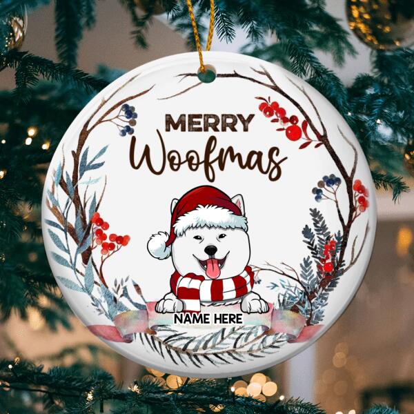 Merry Woofmas Watercolor Banner White Circle Ceramic Ornament - Personalized Cat Lovers Decorative Christmas Ornament