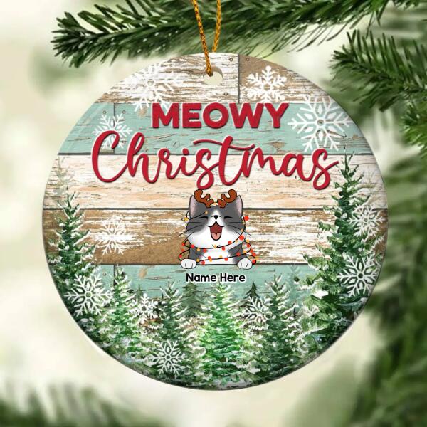 Personalised Meowy Christmas Old Wooden Circle Ceramic Ornament - Personalized Cat Lovers Decorative Christmas Ornament