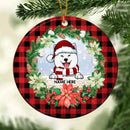 Personalised Red Plaid And Wreath Around Circle Ceramic Ornament - Personalized Dog Lovers Decorative Christmas Ornament