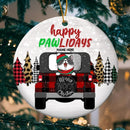 Happy Pawlidays Pine Trees Pattern Circle Ceramic Ornament - Personalized Cat Lovers Decorative Christmas Ornament