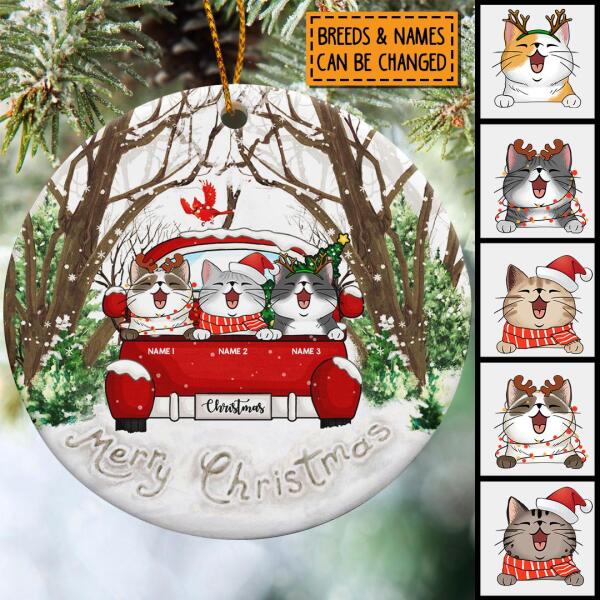 Merry Xmas Red Truck In Snow Forrest Circle Ceramic Ornament - Personalized Cat Lovers Decorative Christmas Ornament