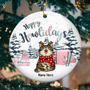 Happy Holidays Pastel Pink Tent & Gifts Circle Ceramic Ornament - Personalized Cat Lovers Decorative Christmas Ornament