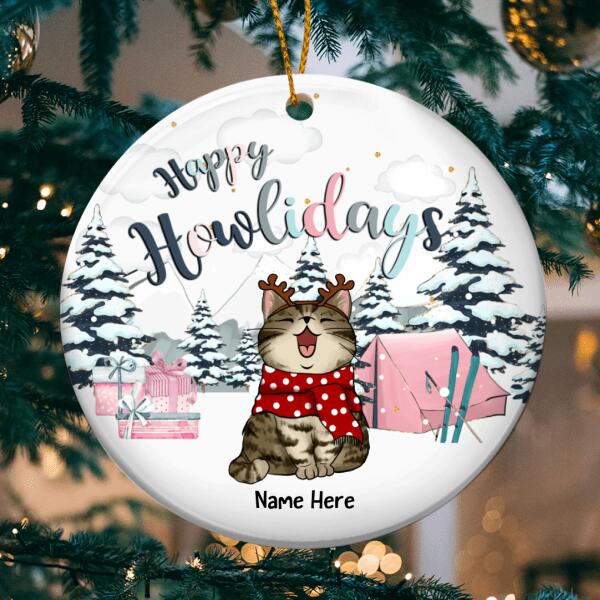 Happy Holidays Pastel Pink Tent & Gifts Circle Ceramic Ornament - Personalized Cat Lovers Decorative Christmas Ornament