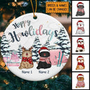 Happy Holidays Pastel Pink Tent & Gifts Circle Ceramic Ornament - Personalized Cat Lovers Decorative Christmas Ornament