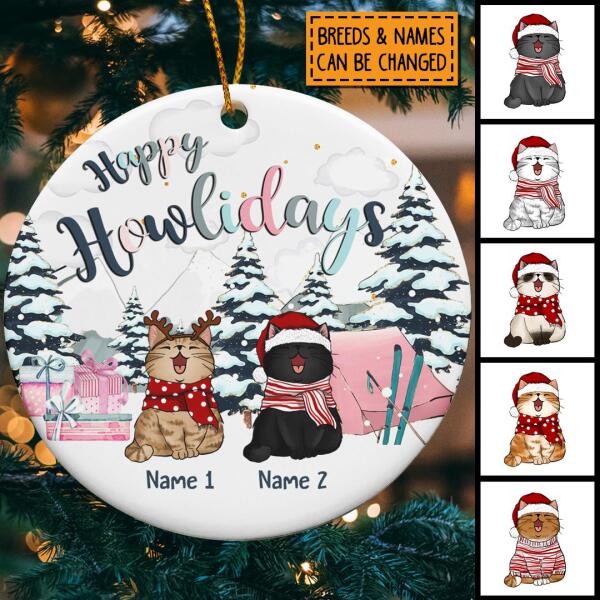 Happy Holidays Pastel Pink Tent & Gifts Circle Ceramic Ornament - Personalized Cat Lovers Decorative Christmas Ornament