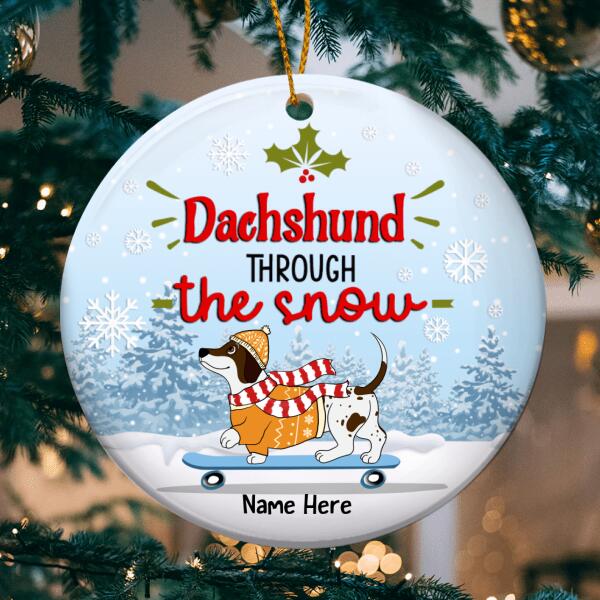 Dachshund Through The Snow Bluetone Circle Ceramic Ornament - Personalized Dog Lovers Decorative Christmas Ornament