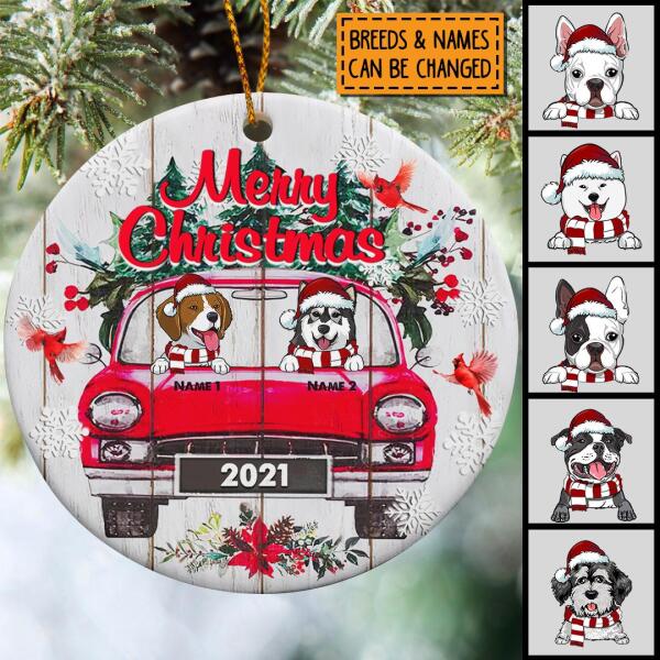 Merry Xmas Red Truck White Wooden Circle Ceramic Ornament - Personalized Dog Lovers Decorative Christmas Ornament