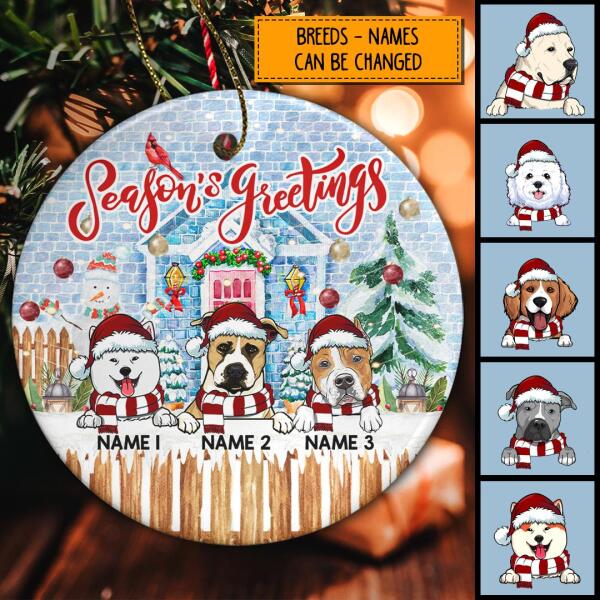 Season's Greeting Blue Bricks House Circle Ceramic Ornament - Personalized Dog Lovers Decorative Christmas Ornament