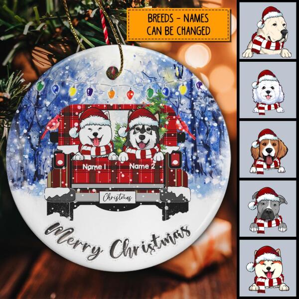 Merry Xmas Red Plaid Truck In Forrest Circle Ceramic Ornament - Personalized Dog Lovers Decorative Christmas Ornament