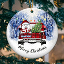 Merry Xmas Red Plaid Truck In Forrest Circle Ceramic Ornament - Personalized Dog Lovers Decorative Christmas Ornament