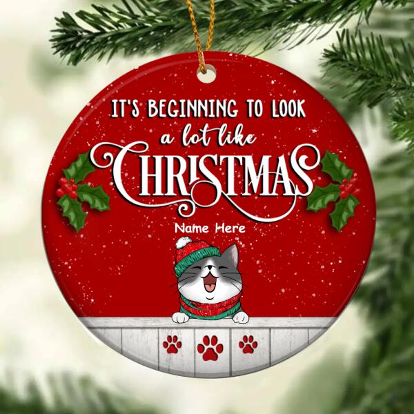 Beginning To Look A Lot Like Xmas Red Circle Ceramic Ornament - Personalized Cat Lovers Decorative Christmas Ornament