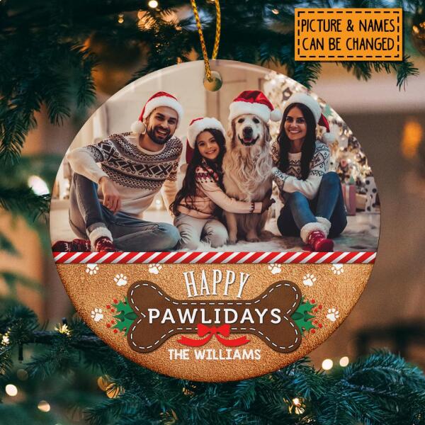Happy Pawlidays Custom Photo Circle Ceramic Ornament - Personalized Cat & Dog Lovers Decorative Christmas Ornament