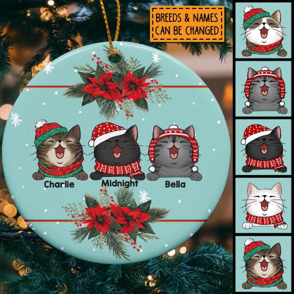 Personalised Xmas Cats On Blue Circle Ceramic Ornament - Personalized Cat Lovers Decorative Christmas Ornament