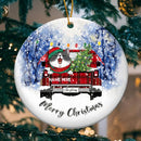Merry Xmas Red Plaid Truck In Forrest Circle Ceramic Ornament - Personalized Cat Lovers Decorative Christmas Ornament