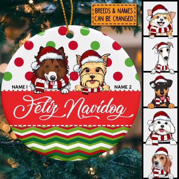 Personalised Feliz Navidog Red & Green Circle Ceramic Ornament - Personalized Dog Lovers Decorative Christmas Ornament