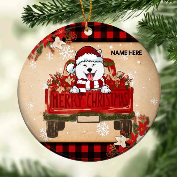 Merry Xmas Red Truck Pale Yellow Circle Ceramic Ornament - Personalized Dog Lovers Decorative Christmas Ornament