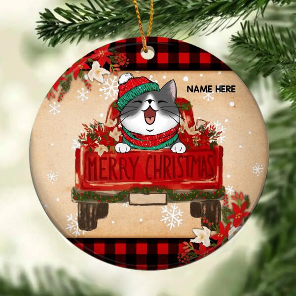 Merry Xmas Red Truck Pale Yellow Circle Ceramic Ornament - Personalized Cat Lovers Decorative Christmas Ornament