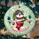 Happy Howlidays Stocking Sparkle Green Circle Ceramic Ornament - Personalized Cat Lovers Decorative Christmas Ornament