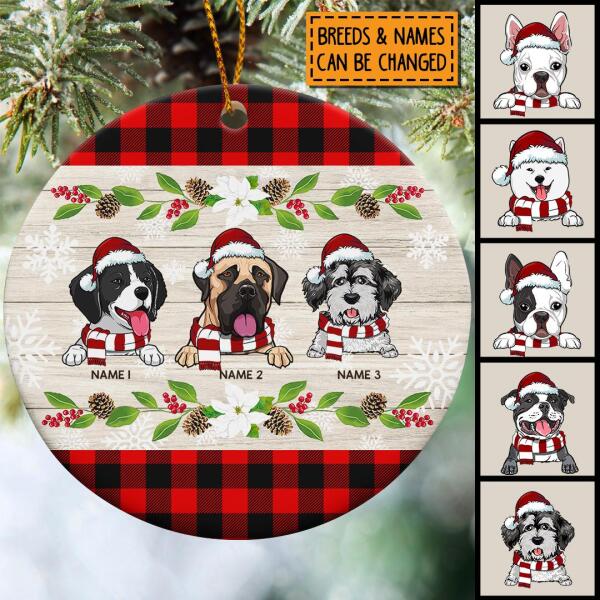 Xmas Dog On Wooden And Red Plaid Circle Ceramic Ornament - Personalized Dog Lovers Decorative Christmas Ornament
