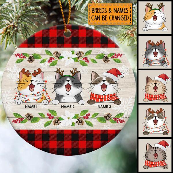 Xmas Cat On Wooden And Red Plaid Circle Ceramic Ornament - Personalized Cat Lovers Decorative Christmas Ornament
