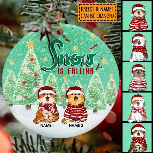Personalised Snow Is Falling Green Circle Ceramic Ornament - Personalized Cat Lovers Decorative Christmas Ornament