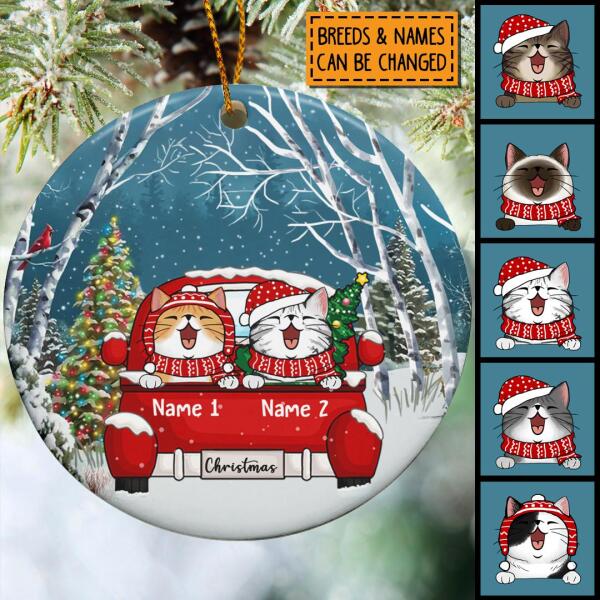 Cat On Red Truck Blue Sky Snow Field Circle Ceramic Ornament - Personalized Cat Lovers Decorative Christmas Ornament