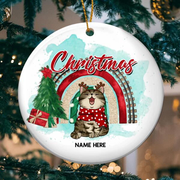 Meowy Christmas Blue Watercolor In White Circle Ceramic Ornament - Personalized Cat Lovers Decorative Christmas Ornament