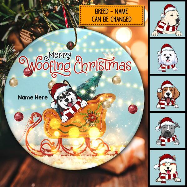 Merry Woofy Xmas Stanta's Sleigh Lights Circle Ceramic Ornament - Personalized Dog Lovers Decorative Christmas Ornament