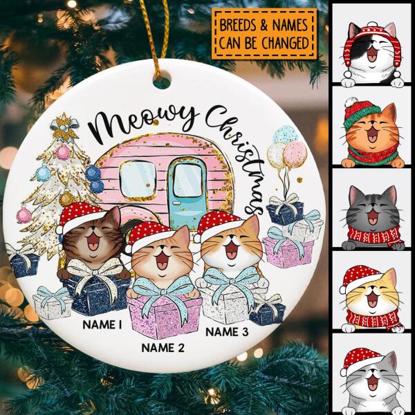 Personalised Meowy Christmas Gift White Circle Ceramic Ornament - Personalized Cat Lovers Decorative Christmas Ornament