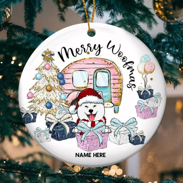 Personalised Merry Woofmas Gift White Circle Ceramic Ornament - Personalized Dog Lovers Decorative Christmas Ornament