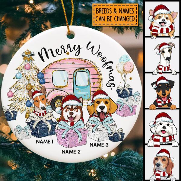 Personalised Merry Woofmas Gift White Circle Ceramic Ornament - Personalized Dog Lovers Decorative Christmas Ornament