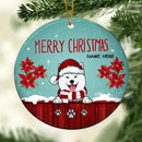 Merry Christmas Poinsettia Red Wood Blue Circle Ceramic Ornament - Personalized Dog Lovers Decorative Christmas Ornament