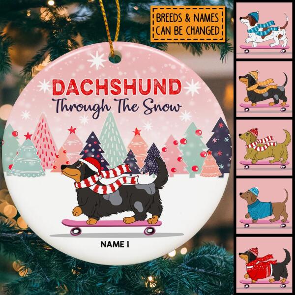 Dachshund Through The Snow Pinktone Circle Ceramic Ornament - Personalized Dog Lovers Decorative Christmas Ornament