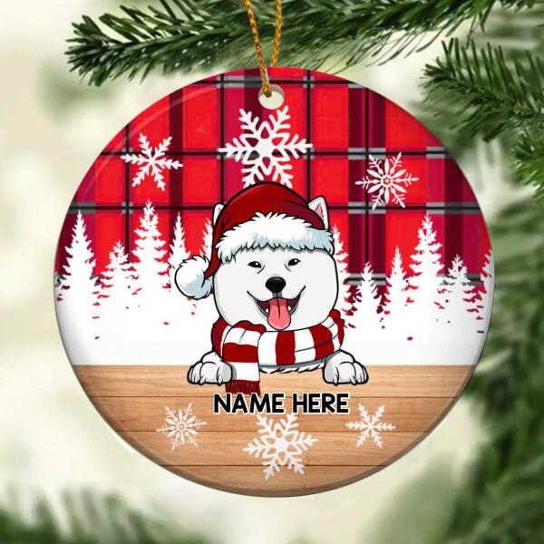 Personalised Peeking Dog Red Plaid Xmas Circle Ceramic Ornament - Personalized Dog Lovers Decorative Christmas Ornament