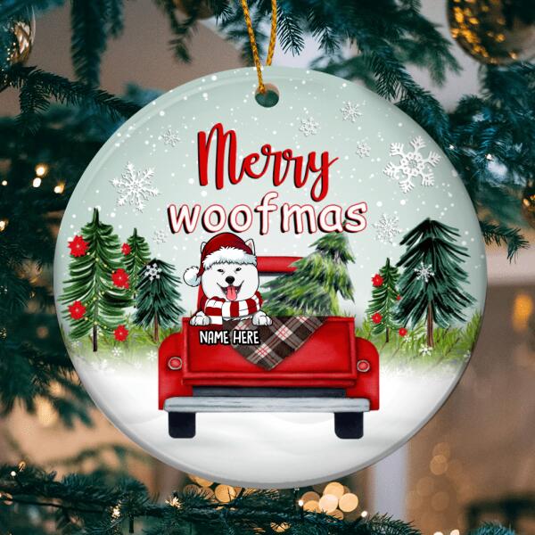 Merry Woofmas Red Truck Mint Sky Circle Ceramic Ornament - Personalized Dog Lovers Decorative Christmas Ornament