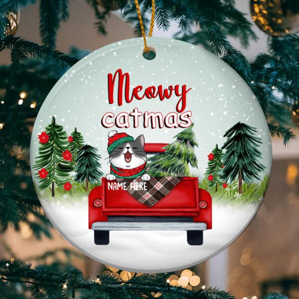 Meowy Catmas Red Truck Mint Sky Circle Ceramic Ornament - Personalized Cat Lovers Decorative Christmas Ornament