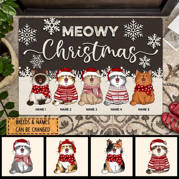 Meowy Christmas - Brown Wooden White Snowflake - Personalized Cat Christmas Doormat