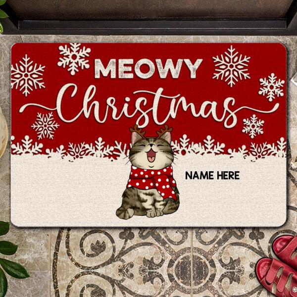Meowy Christmas - Red Wooden White Snowflake - Personalized Cat Christmas Doormat