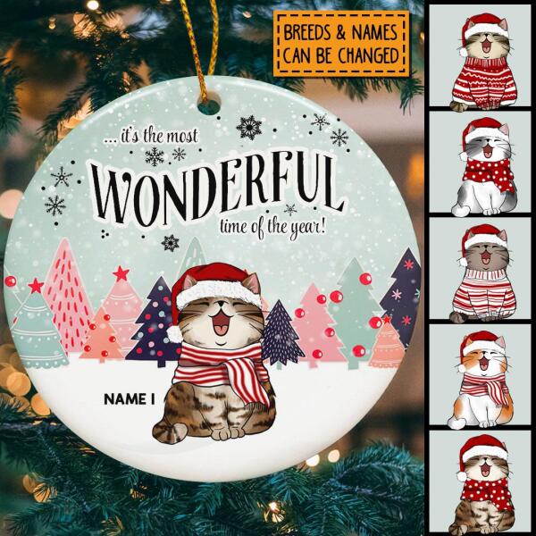 Most Wonderful Time Of The Year Mint Sky Circle Ceramic Ornament - Personalized Cat Lovers Decorative Christmas Ornament