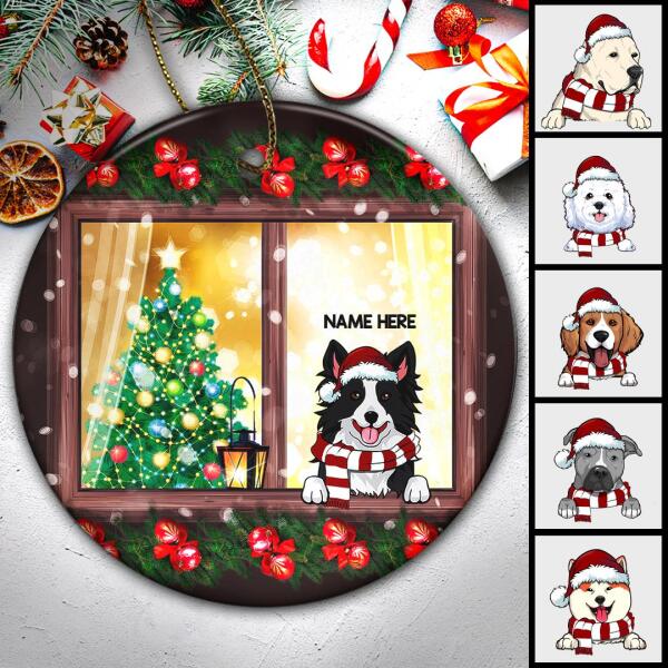 Dog Peeking From Xmas Window Circle Ceramic Ornament - Personalized Dog Lovers Decorative Christmas Ornament