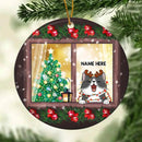 Cat Peeking From Xmas Window Circle Ceramic Ornament - Personalized Cat Lovers Decorative Christmas Ornament