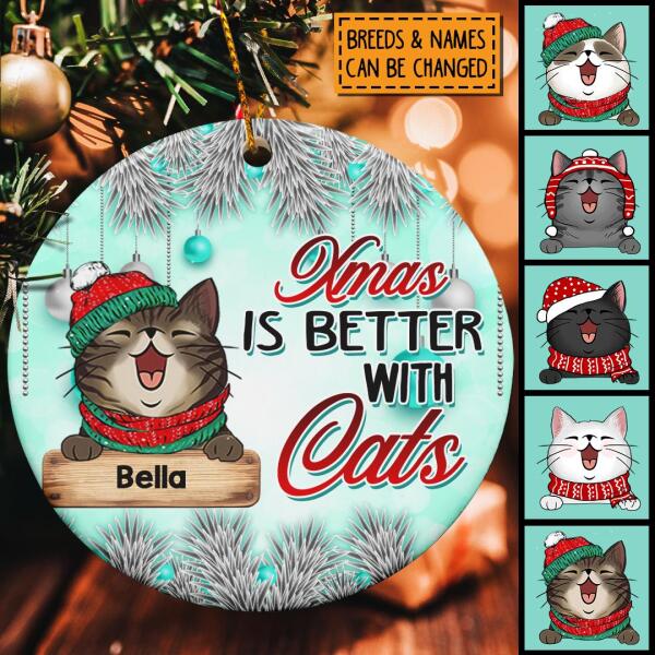 Xmas Is Better With Cats Blue Circle Ceramic Ornament - Personalized Cat Lovers Decorative Christmas Ornament