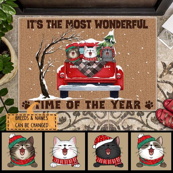 It's The Most Wonderful Time Of The Year - Red Truck Snow - Personalized Cat Christmas Doormat