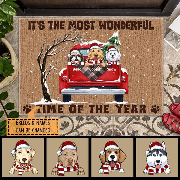 It's The Most Wonderful Time Of The Year - Red Truck Snow - Personalized Dog Christmas Doormat