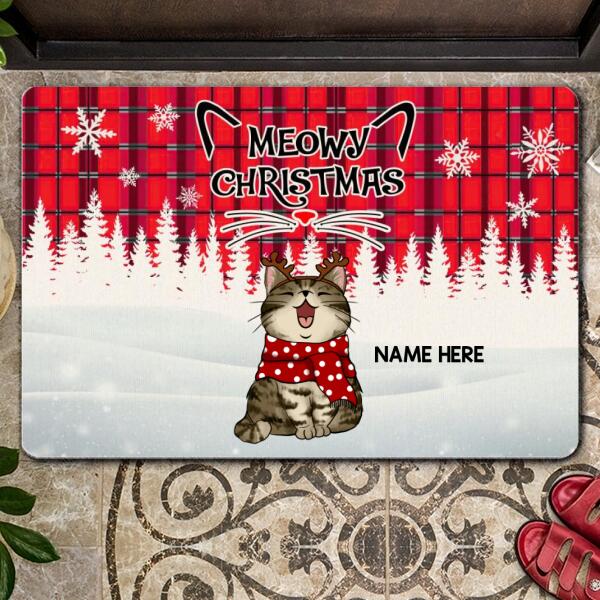 Meowy Christmas - Red Plaid White Snowflake - Personalized Cat Christmas Doormat