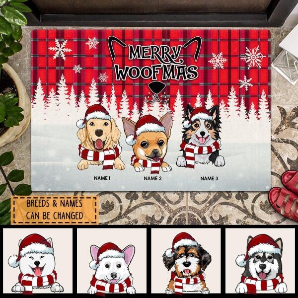 Merry Woofmas - Red Plaid White Snowflake - Personalized Dog Christmas Doormat